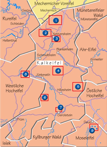 Karte mit der Übersicht der Lage der Wanderungen in der Kalkeifel