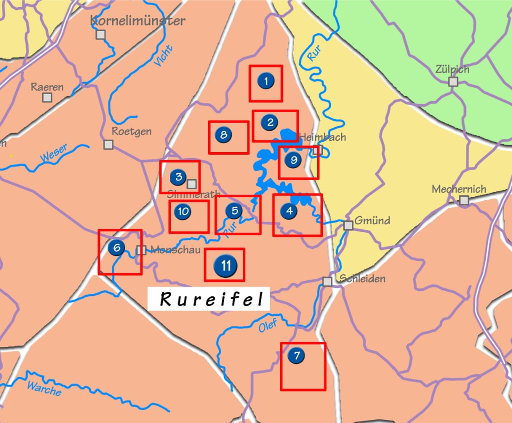 Karte mit der Übersicht der Lage der Wanderungen in der Rureifel